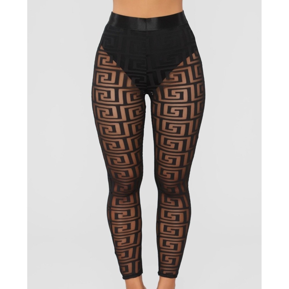 Fashion Nova Malika Mesh Leggings Black Geometric Greek Key Pants Womens Medium